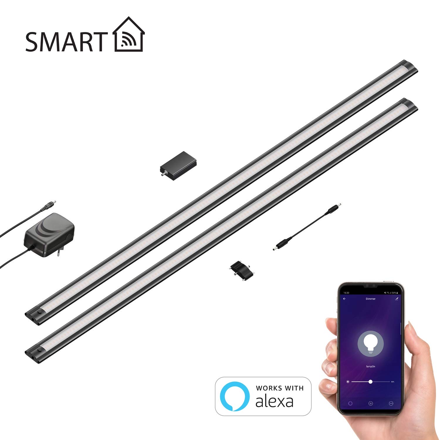 ledscom.de Smarte LED Unterbau-Leuchte SIRIS schwarz matt, WLAN-Controller flach, Smart-Home, Alexa-fähig je 90cm, je 963lm, warmweiß, 2er Set