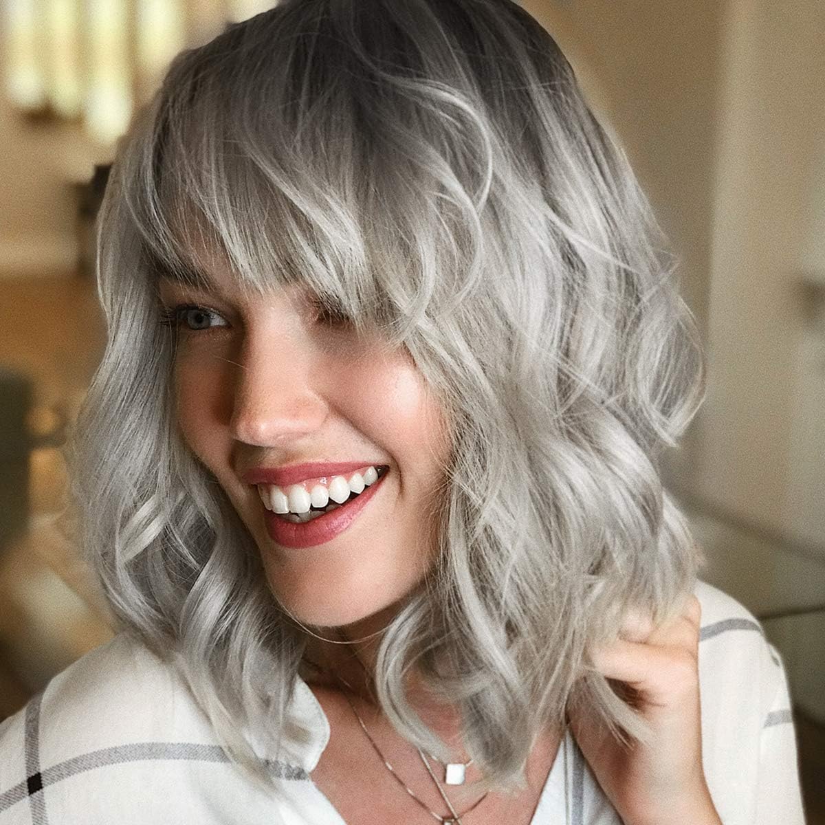 Sponsored Ad – Wavy Bob Wig with Bangs, Short Silver Black Curly Synthetic Wig for Women, Shoulder Length Heat Resistant Hairpiece, Natural Look Cosplay Daily Party Wig