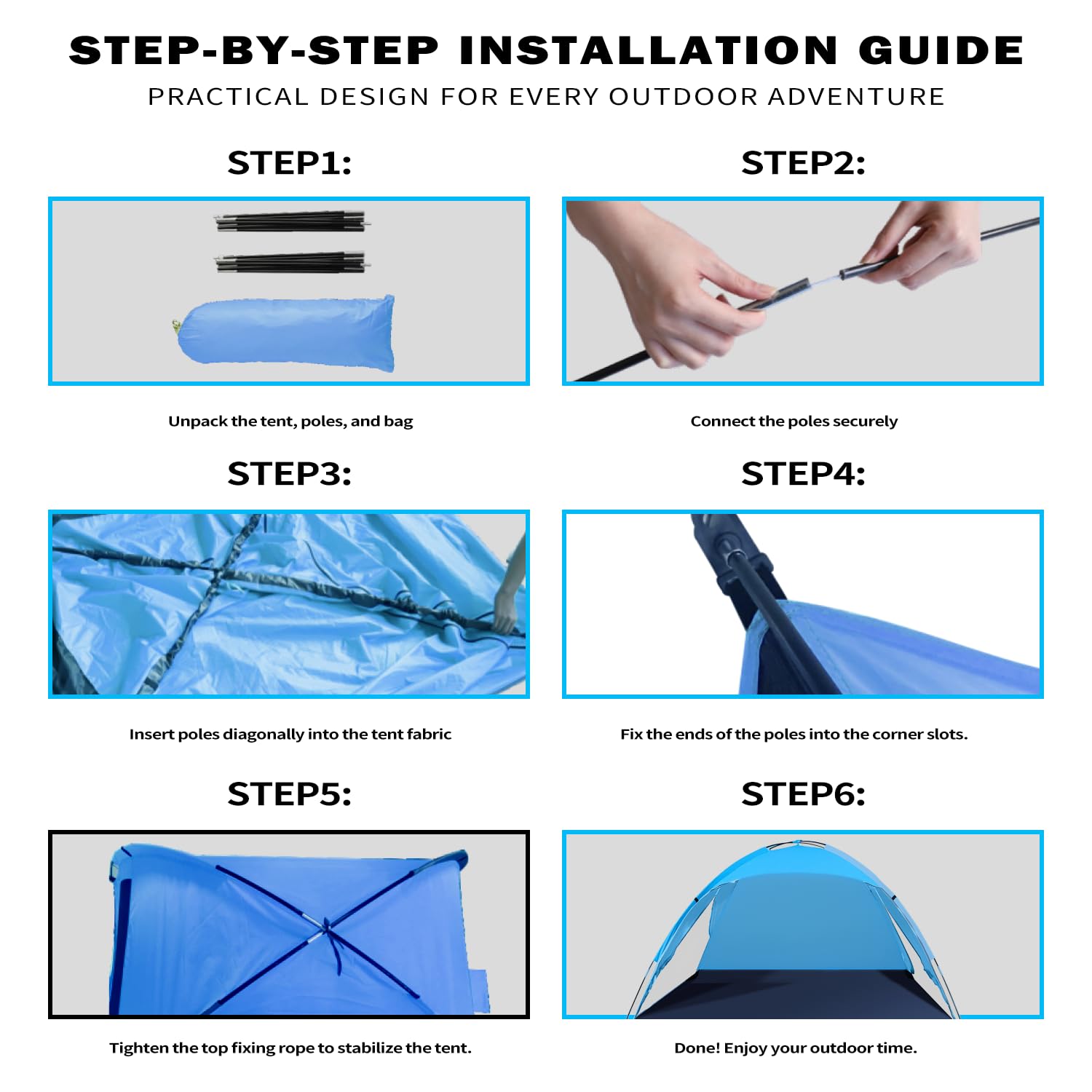 Outterra Beach Tent for 3-4 People, UPF50+ Sun Shelter with Breathable 3-Zipper Door Design, 8.0mm Reinforced Fiberglass Poles, Portable Shade Canopy for Beach & Camping (Blue)