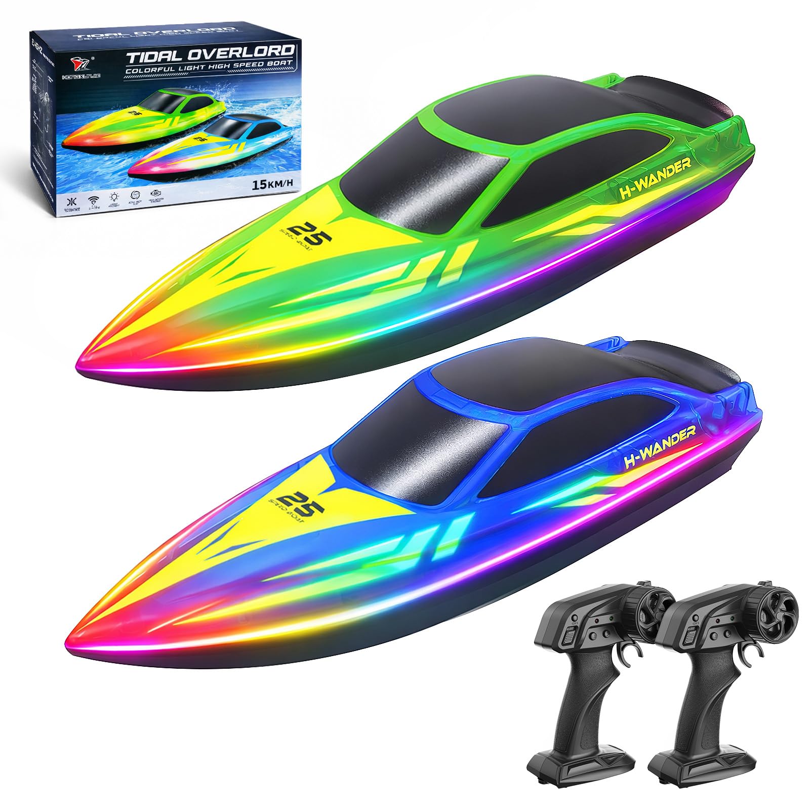 2-Pack RC Boat Set with 7 Light Modes LED Lights, Up to 15 km/h, 2.4GHz Remote Control, Self-Righting Flip, Low Battery & Out-of-Range Alarm, 4 Batteries, Pool & Lake RC Boat, Gifts for Boys & Girls