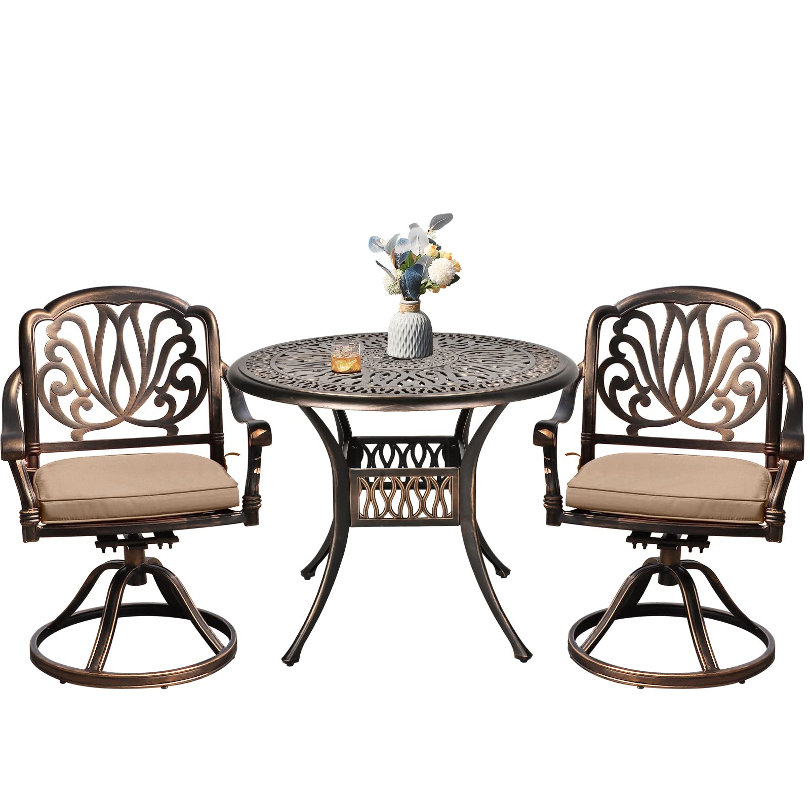 TITIMO 3 Pieces Outdoor Bistro Set, All-Weather Cast Aluminum Conversation Set with 2 Patio Swivel Chairs and 1 Round Patio Table with Umbrella Hole (