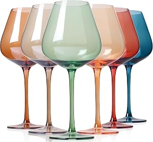 Physkoa Colored Burgendy Wine Glasses Set 6-18oz HandBlown Colorful Wine Glass With Long Stem,Multi Color Mothers Day Wine Glasses Gift for Women Mom