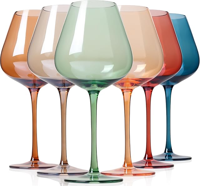 Physkoa Colored Burgendy Wine Glasses Set 6-18oz HandBlown Colorful Wine Glass With Long Stem,Multi Color Mothers Day Wine Glasses Gift for Women Mom