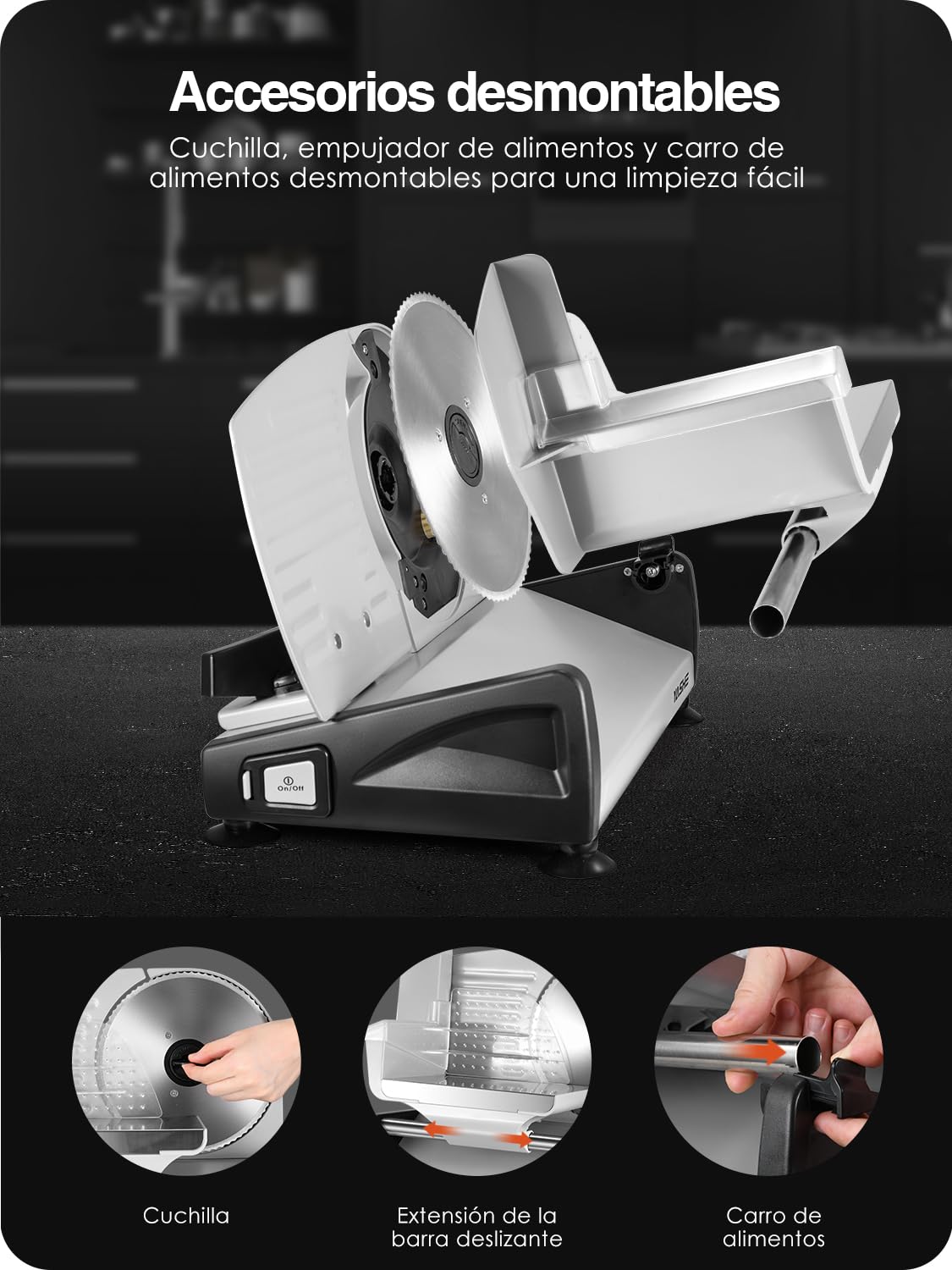 YASHE Cortadora De Fiambre, 150W Cortafiambres Para Carne Y Pan Con Cuchilla De Acero Inoxidable Removible 19cm, Grosor Ajustable 0–15mm, Bloqueo De Seguridad, Patas Ventosa Para Carne, Queso Y Pan