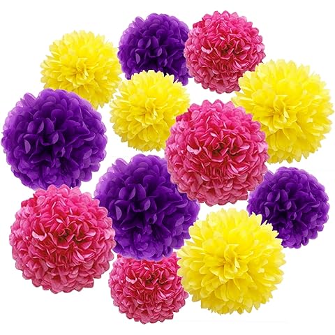 Aimto 12pcs Rose Red Purple and Yellow Paper Pom Poms Decorations for Party Decorations - 3 Colors of 12 Inch, 10 Inch