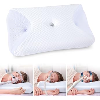 HOMCA CPAP Ergonomic Memory Foam CPAP Pillow for All CPAP Masks Neck Support Pillow for Side Sleepers with CPAP Mask Grooves and Support Area White 65 x 40 x 9/11 cm