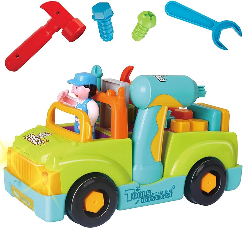 Juego de herramientas para niños pequeños Camiones de juguete Banco de trabajo mecánico para niños Caja de herramientas musical desmontable con taladro eléctrico, herramientas eléctricas, luces, juguete de construcción Bump and Go para niños de 2 años
