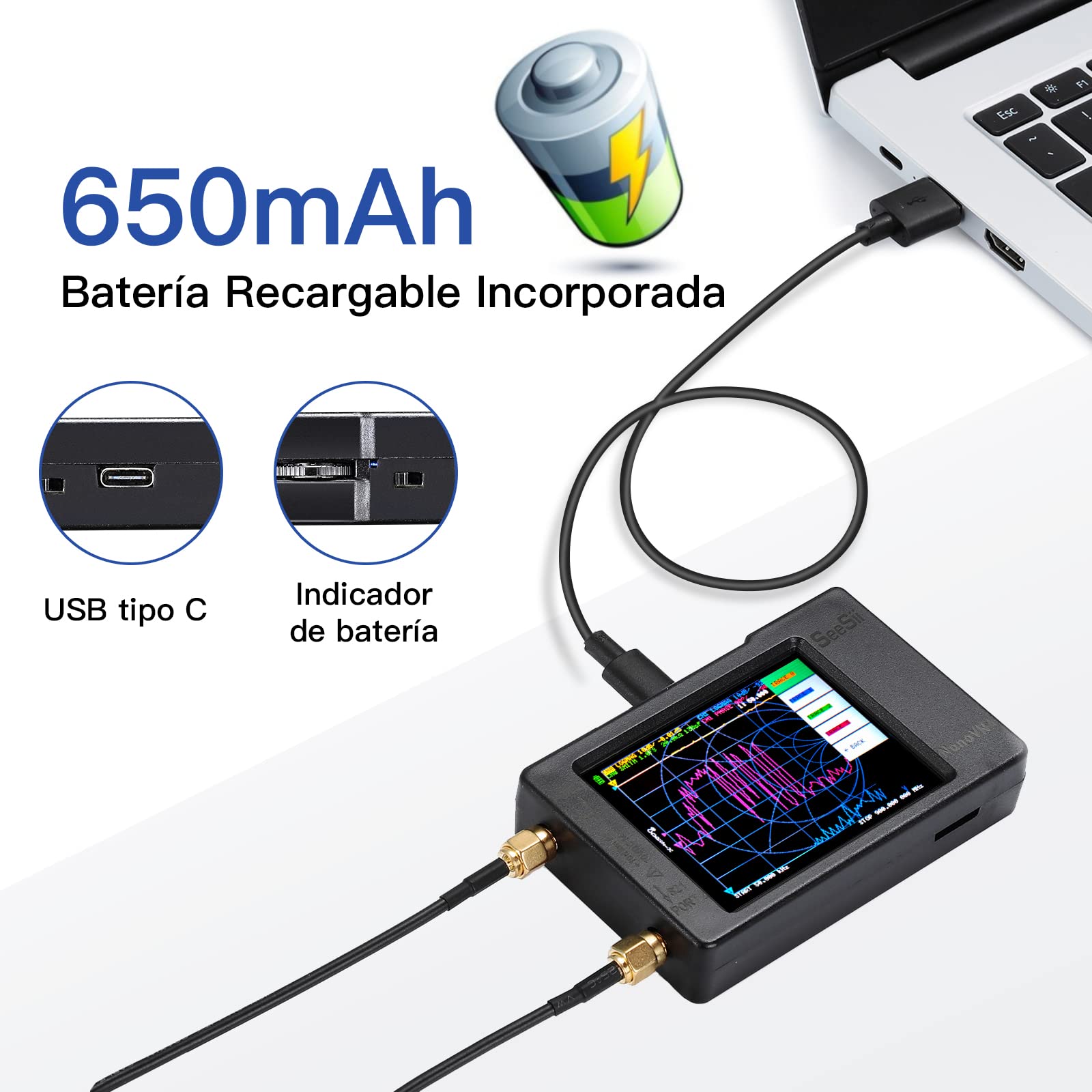Seesii Analizator anteny NanoVNA-H, 2,8 cala, analizator sieci wektorowej 10 kHz – 1,5 GHz MF HF VHF UHF pomiar parametrów S, współczynnik napięcia fal stojących, faza, obsługa karty SD