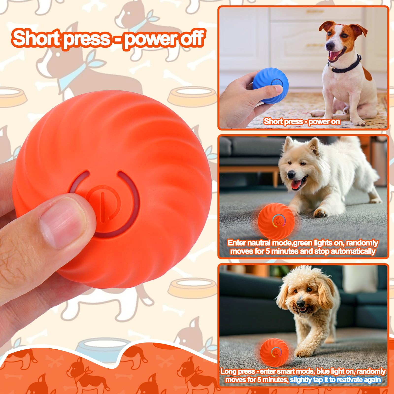 Balle interactive pour chien, balle auto-roulante pour chien avec housse anti-mastication pour petit/moyen/grand, jouet actif pour enrichir les chiens, jouets activés par le mouvement qui bougent sa