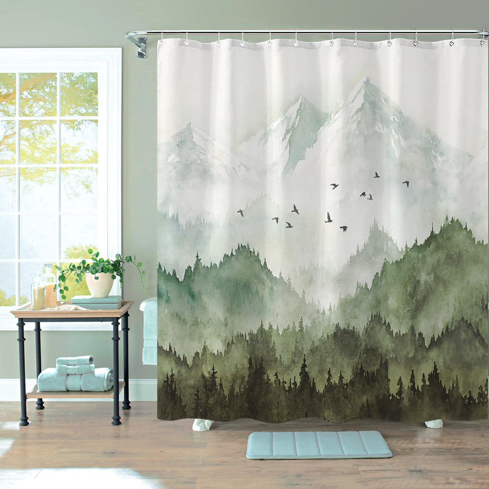 kampdream Watercolor Mountain Forest Shower Curtain, Nature Misty Foggy Sage Green Tree Landscape Art Shower Curtains with 12 Hooks Bathroom Decor Waterproof Fabric 72 ×72 Inch