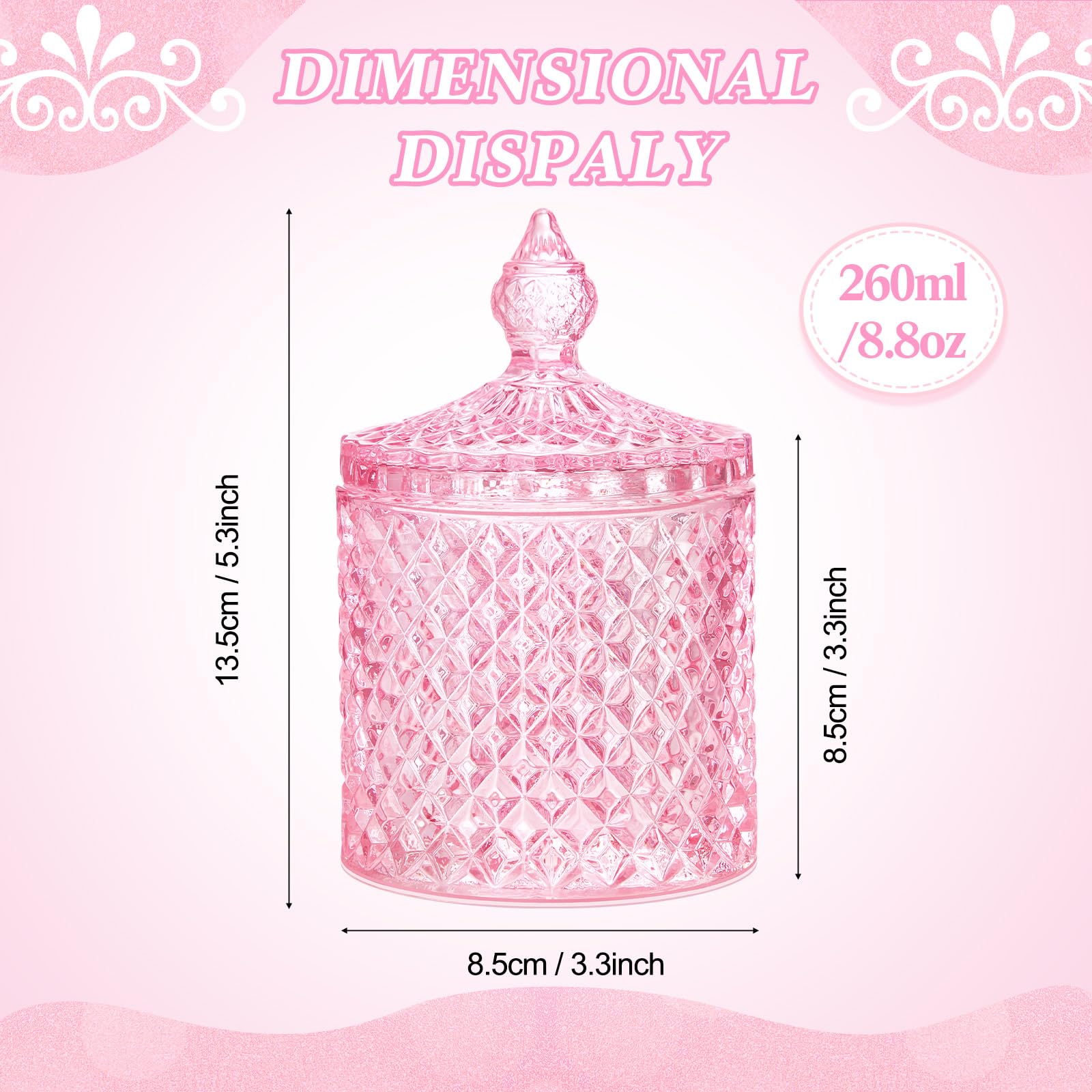 Aoriher 4 Pcs Crystal Glass Candy Jar Set with Lids Home Decorative Storage Jars for Apothecary, Bathroom, Kitchen, and Pantry, Ideal for Cotton Swabs and Jewelry(Medium,Pink)