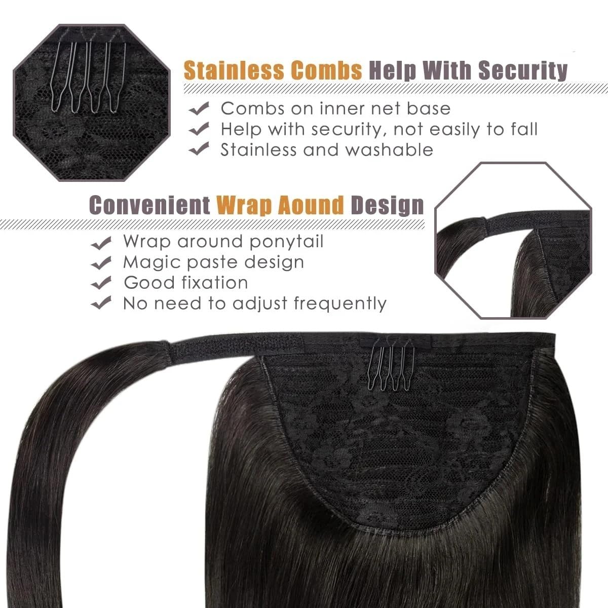 Kobiety Przedłużanie ogona końskiego Włosów Ludzkich Włosów Długie proste Remy Przedłużanie włosów Naturalny kolor Malezyjski Remy Hair Clip on Przedłużanie Włosów Sztuk Codzienne użytkowanie(