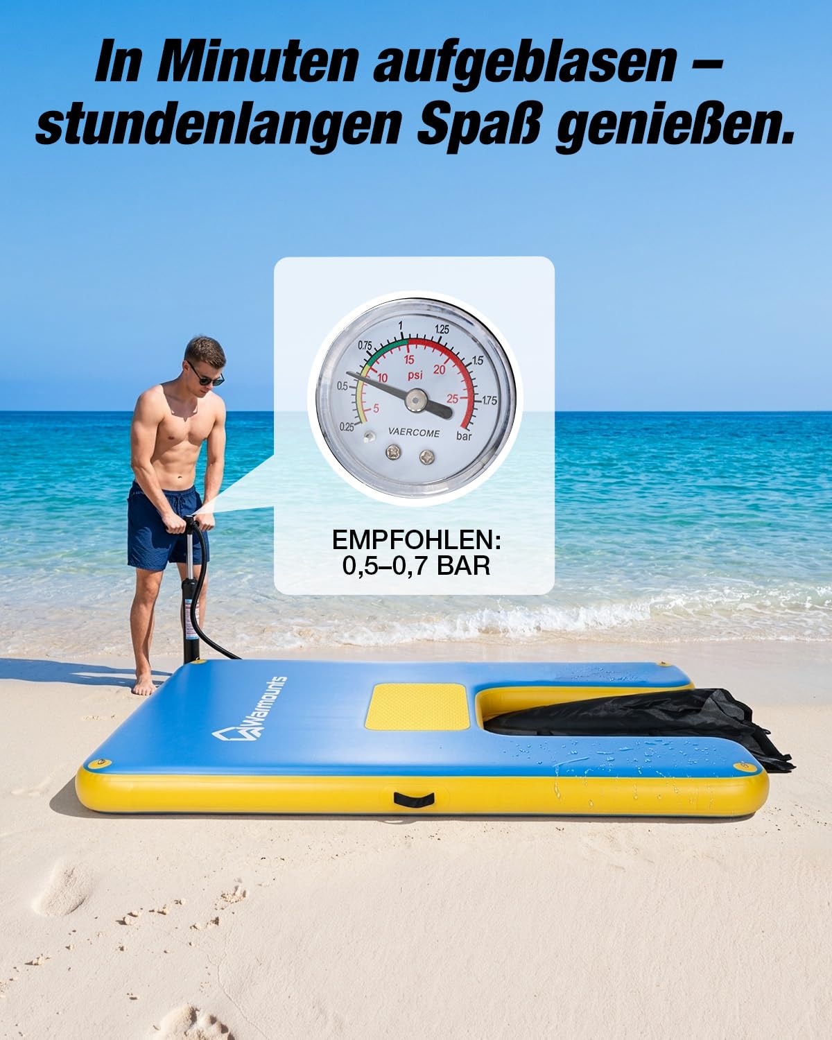 WARMOUNTS Aufblasbare Schwimminsel mit Hunderampe, 244x183cm Schwimmplattform Wassermatte für Erwachsene und Hunde, 317kg Tragkraft Drop-Stitch Badeinsel mit Pumpe, Tasche für See, Pool und Boot
