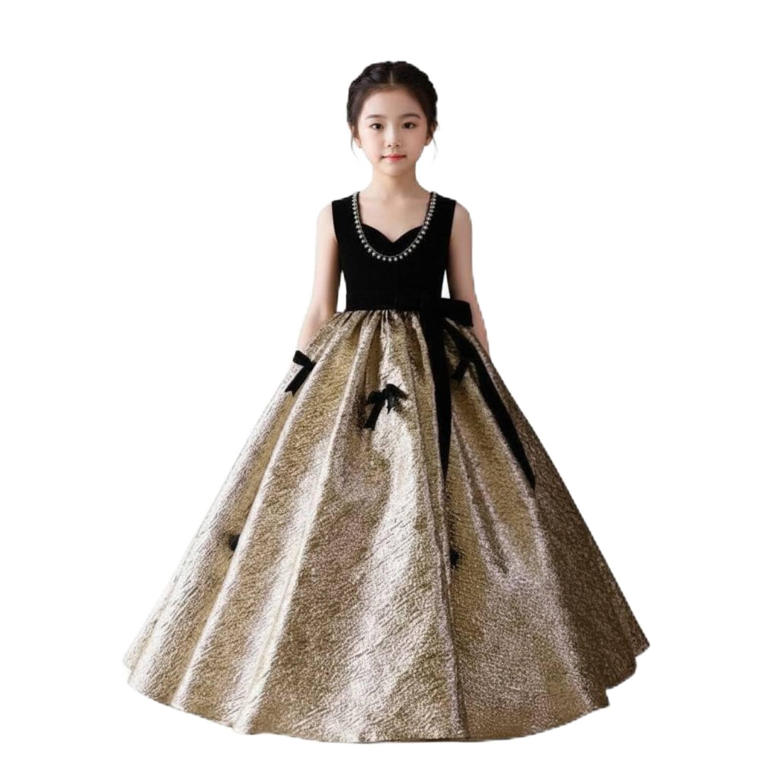 Abito Bambina Abito Cerimonia Vestito Festa Abito Principessa Abito Spettacolo con Tessuto Vellutato E Dettagli Preziosi Gonna Vaporosa con Nastri