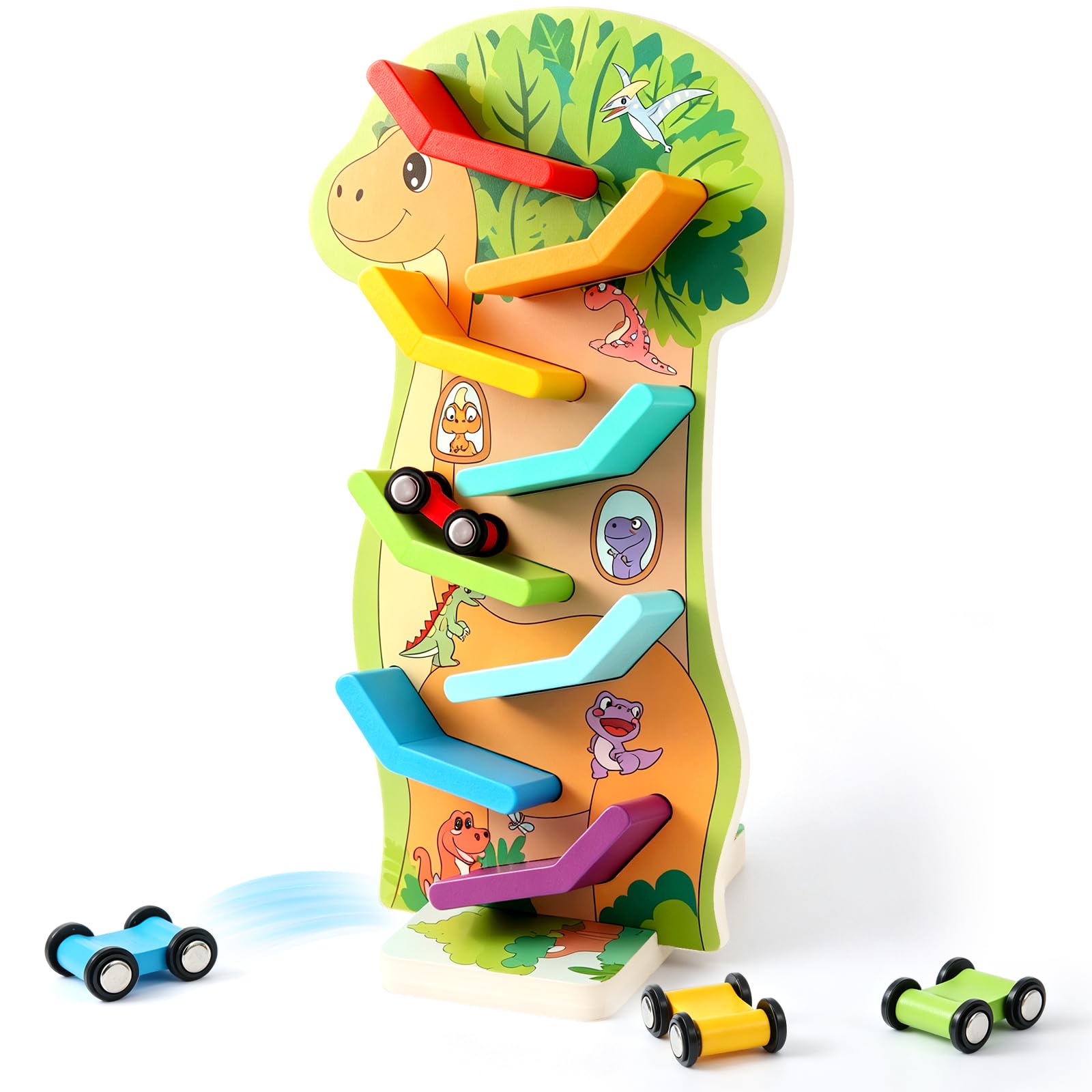 Dinosaur Wooden Car Ramp with 4 Mini Cars - Toys for 1 2 3 Year Olds Boys