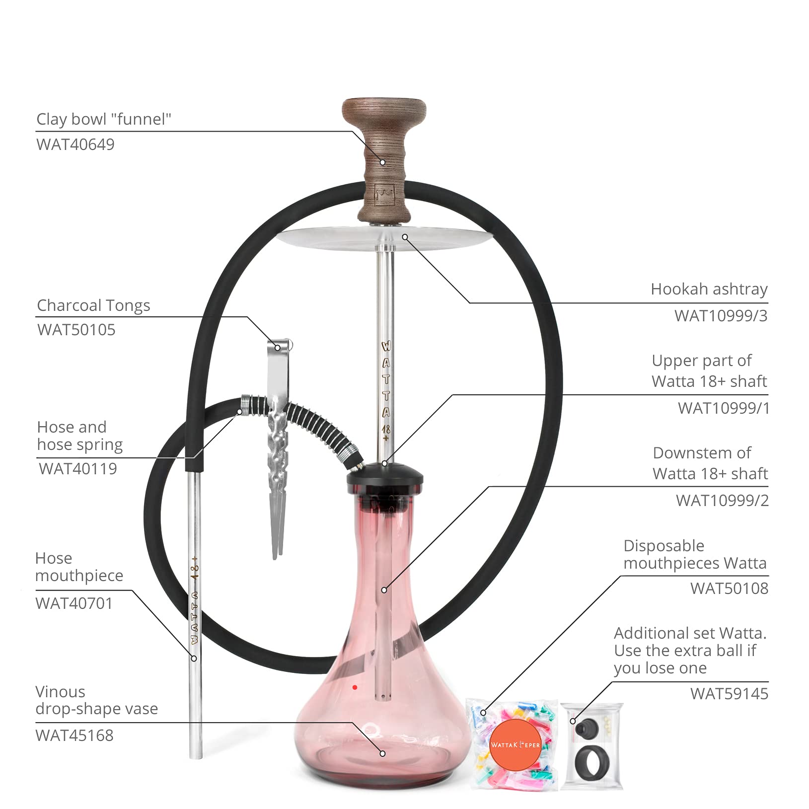Set completo: Hookah de acero inoxidable "Watta 18+", jarrón de cristal, cabezal para shisha de arcilla, pinzas para shisha, boquilla para shisha WattaKeeper (WAT19P67)