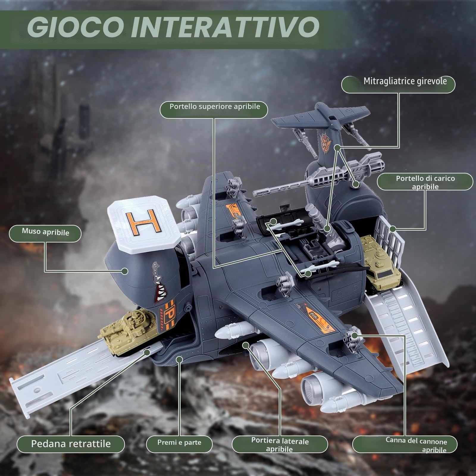deAO Kit Giocattolo per Veicoli Militari, Set Giocattolo Aereo da Trasporto Cargo Militare con 10 Soldati, 10 Veicoli, Mini Veicolo da Combattimento, Aereo Militare, Regalo per Bambini di 3 Anni