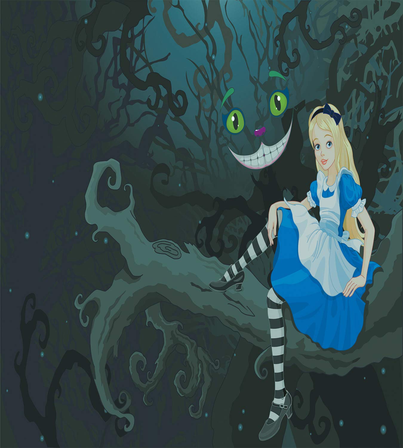 Ambesonne Alice in Wonderland Duvet Cover Set, Alice Sitting on Branch and Chescire Cat in Darkness Cartoon Style, Decorative 3 Piece Bedding Set with 2 Pillow Shams, California King, Blue Black