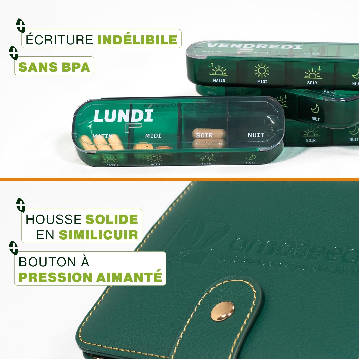 Pilulier Semainier Français | 4 prises par jour : matin, midi, soir, nuit | 28 Compartiments | Sans BPA | Housse similicuir | Qualité Supérieure