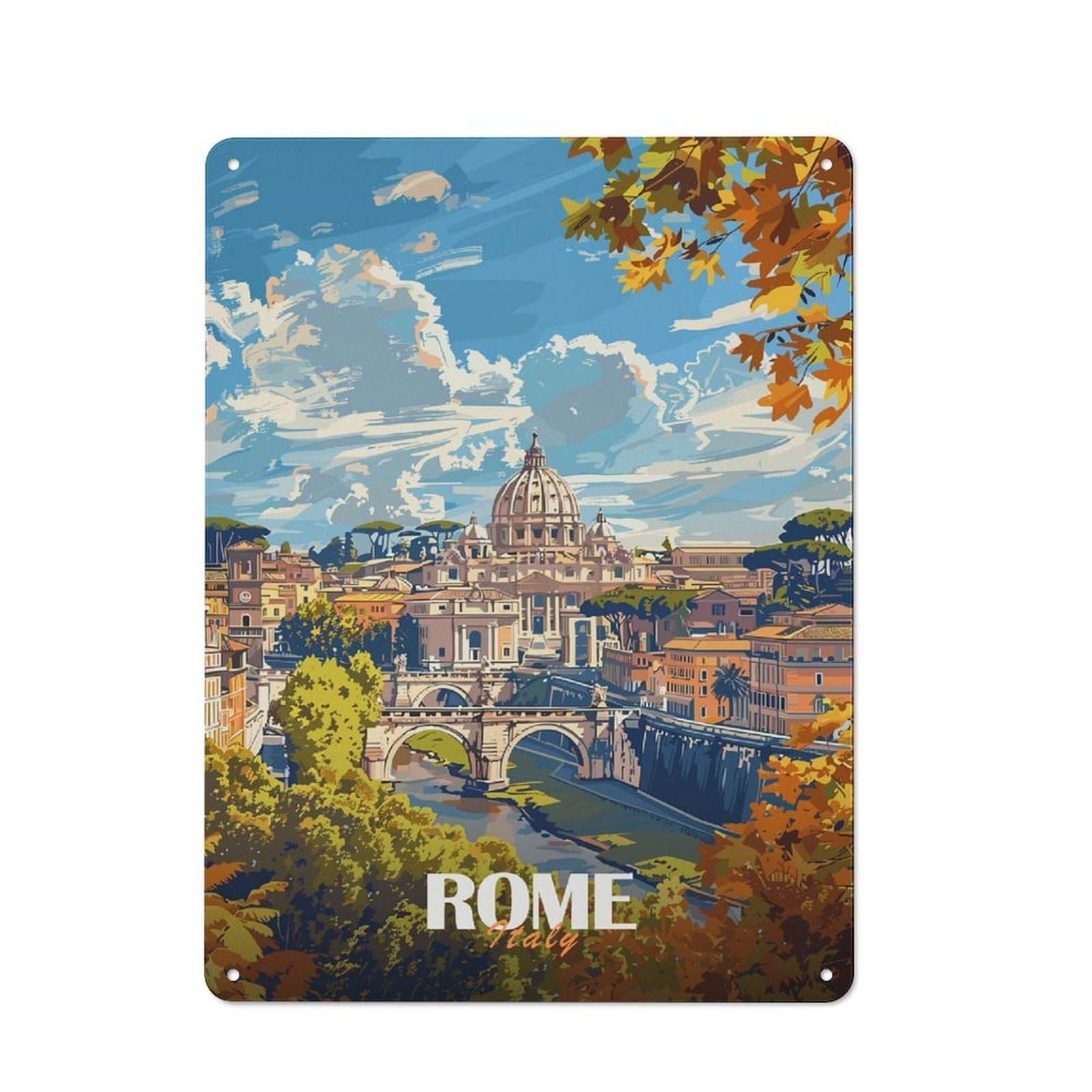Junmoney Style-2 Metal Wall Plaque With Rome Cityscape With St. Peters Basilica(2) Design 40X30cm, Retro Room Wall Plaque For Home, Shop, Pub Or Studio Wall