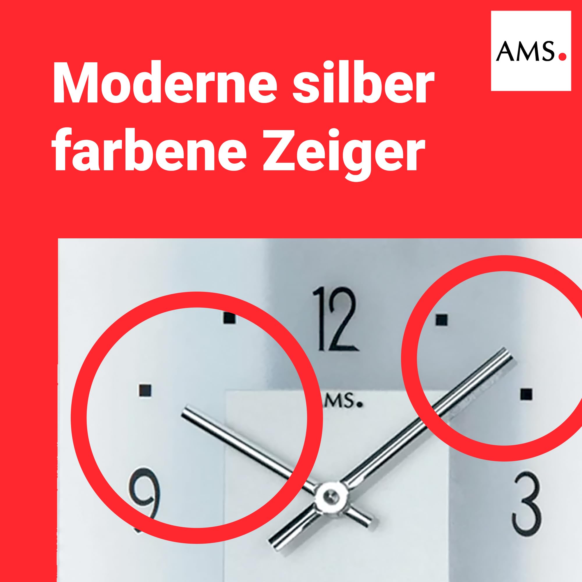 AMS Wanduhr - geräuscharmes Quarzwerk, Moderne Uhr, Quarz-Wanduhr mit transparentem Zifferblatt , satiniertes Mineralglas, Analoguhr für Wohnzimmer, Küche & Büro, Maße 22 x 35 x 5 cm