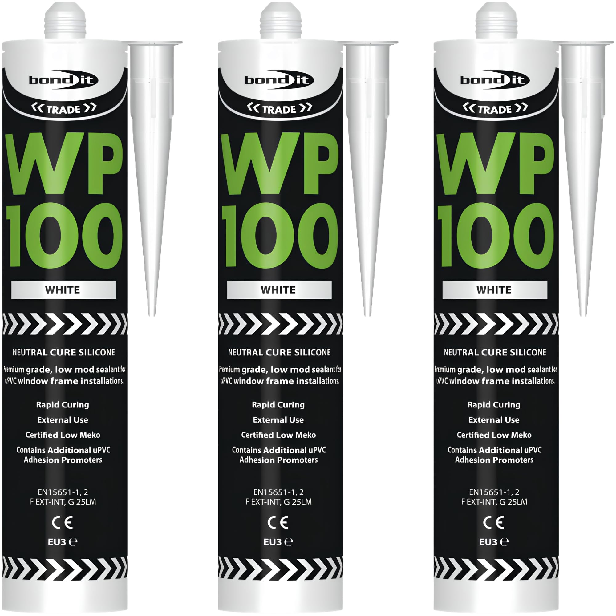 Bond It WP100 White Silicone Sealant Neutral Cure Oxime 3 Pack (285ml Each) – External Window & Door Sealant, Waterproof Exterior Silicone Sealant for uPVC Frames, Building & Construction