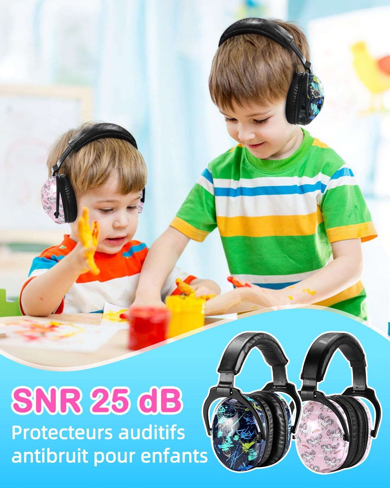 ZOHAN 030 Casque Anti Bruit Enfant Lot de 2, Protection Auditive confortable avec Sac de Transport, SNR 25dB pour l’Autisme, TDAH, Feux d’Artifice, Concert(Graffiti et Licorne)