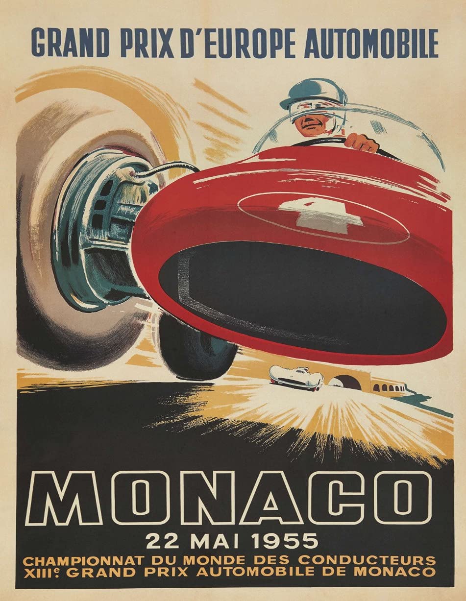 BigBazza Vintage Advertising Wall Tin Plaque 20x15cm - Pub Shed Bar Man Cave Home Bedroom Office Kitchen Gift Metal Sign - Monaco 1955 Racing Car Driver Championship Grand Prix Formula One 1 inspired