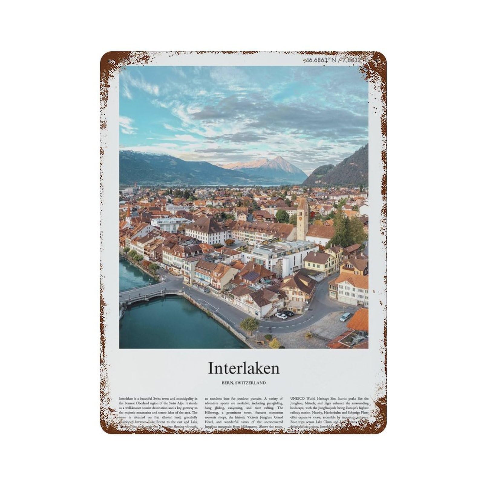 xiaoxiaoshen Interlaken Bern, Switzerland City Scenery Wall Decor Art Metal Tin Poster Modern Home Decor Art Home Bar Shop Decorations Vintage Sign 40x30cm