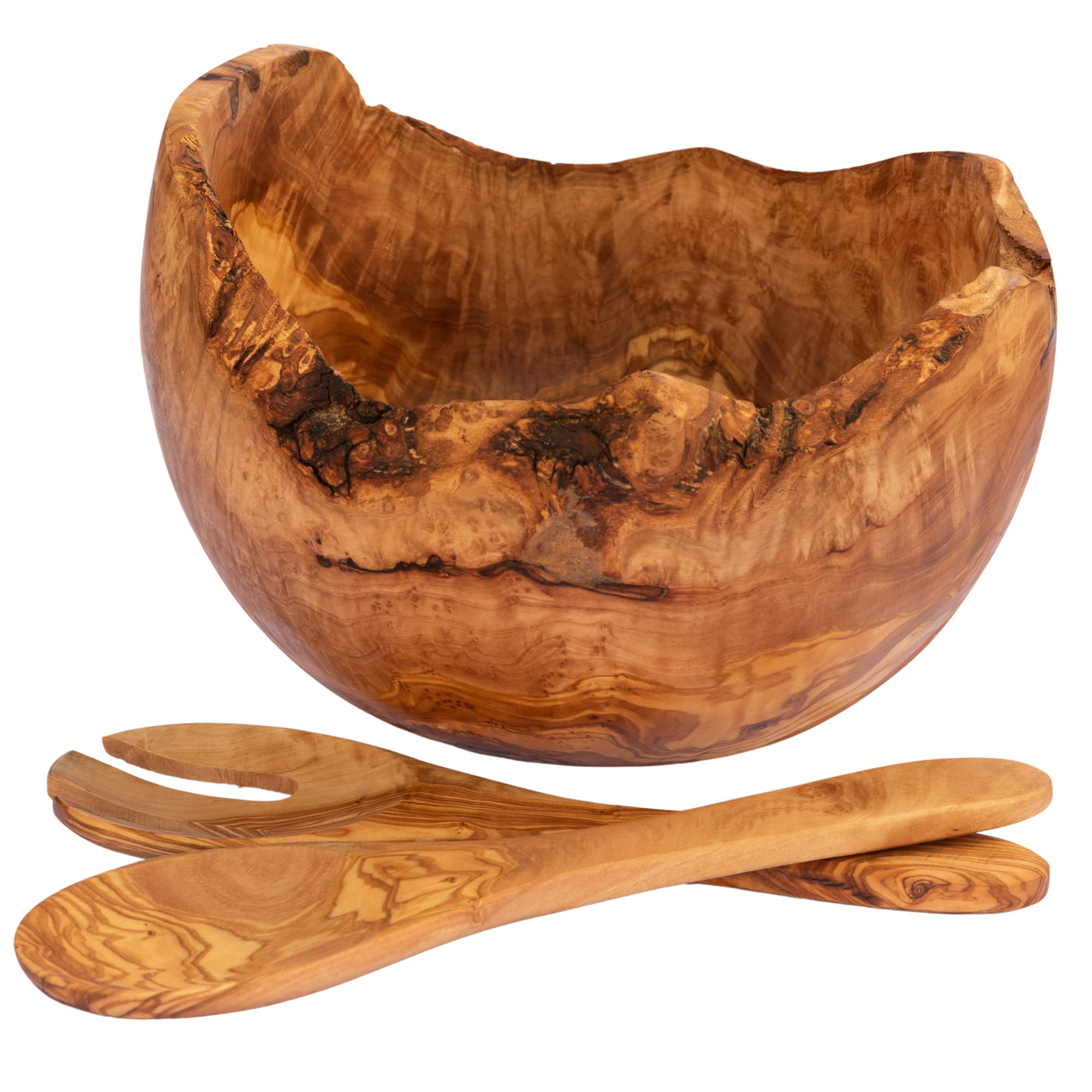 Elevate Lifestyle ~10" Large Olive Wood Salad Bowl and Spoon Set, Handmade Decorative Centerpiece. Rustic, Unique Home Decor AND Wooden Salad Servers Handcrafted Gift. (10" +-0.5")