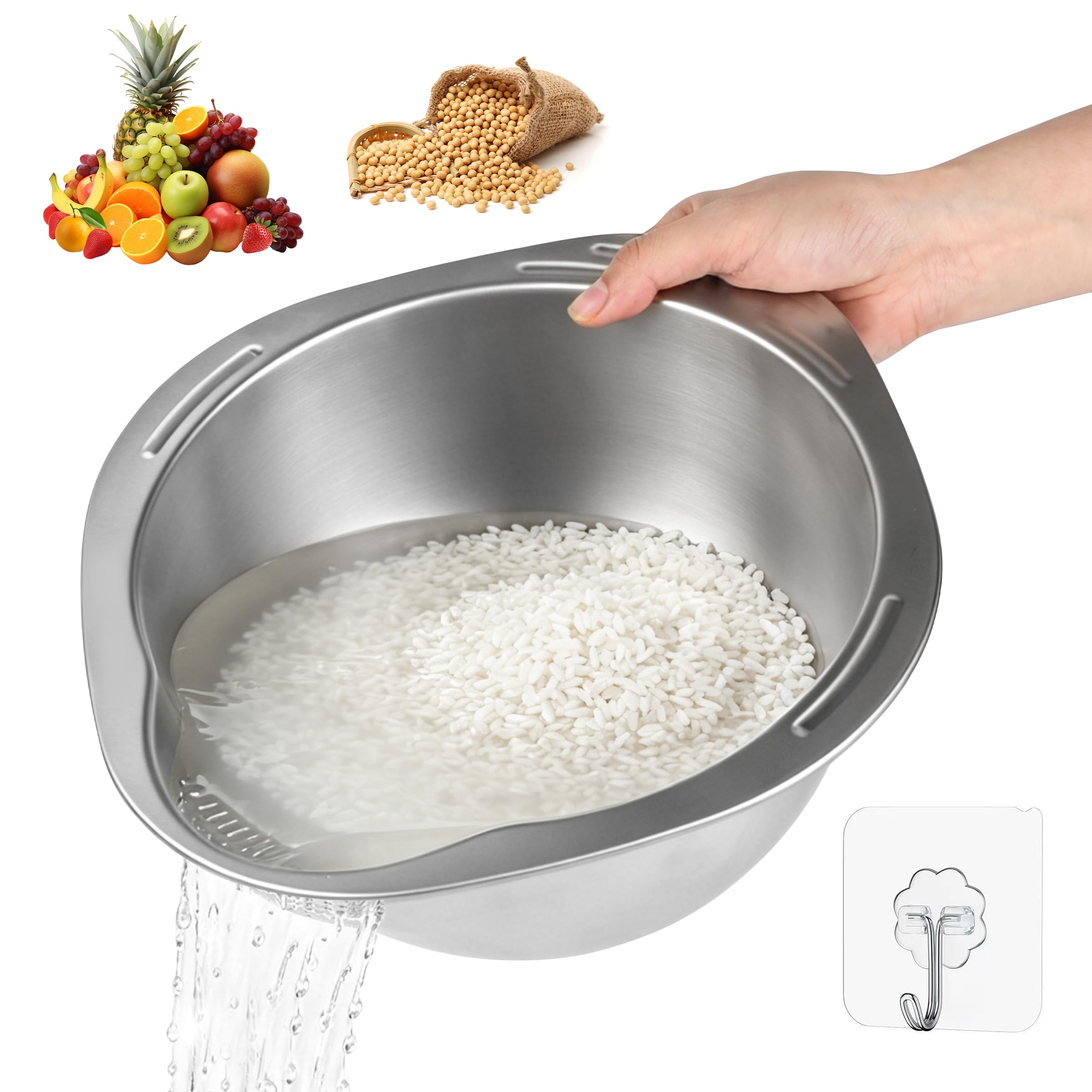Stainless Steel Rice Strainer, Strainer Bowl for Cleaning Fruits,Vegetables