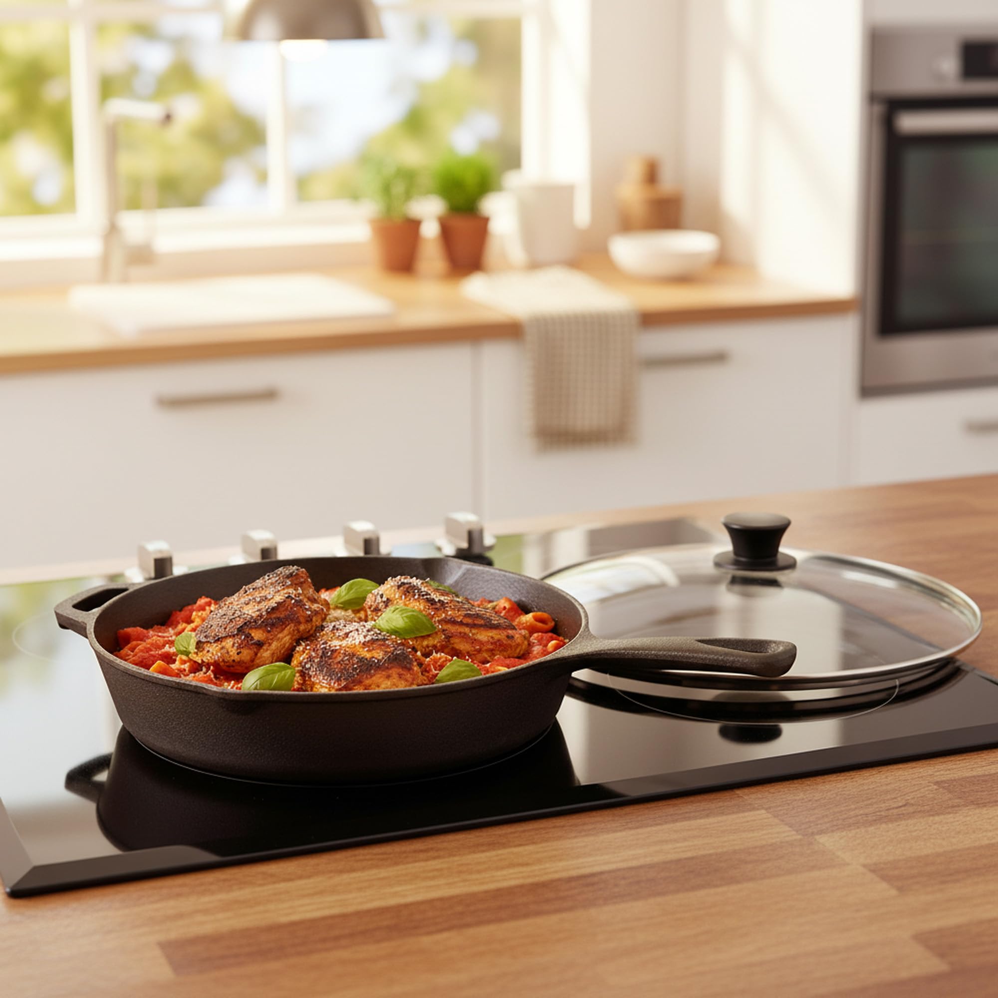 Mahlzeit Sartén de hierro fundido pulido con tapa, sartén con dos vertidos, tapa de la parrilla, sartén universal, sartén fundida pulida, sartén con tapa, borde alto (29,5 cm de diámetro)