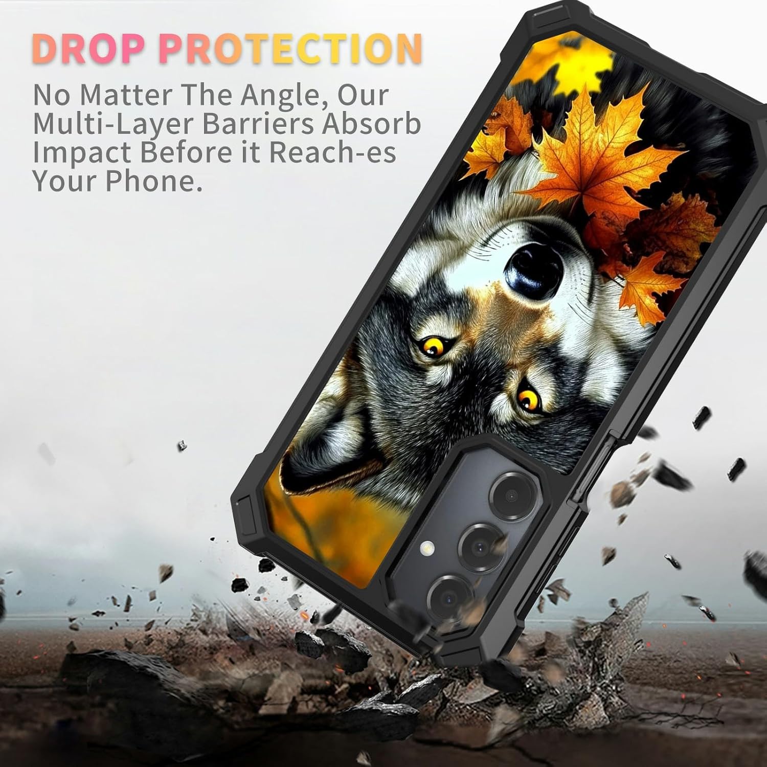 Samsung Galaxy A16 5G in its protective case falling towards a cracked ground, illustrating drop protection.