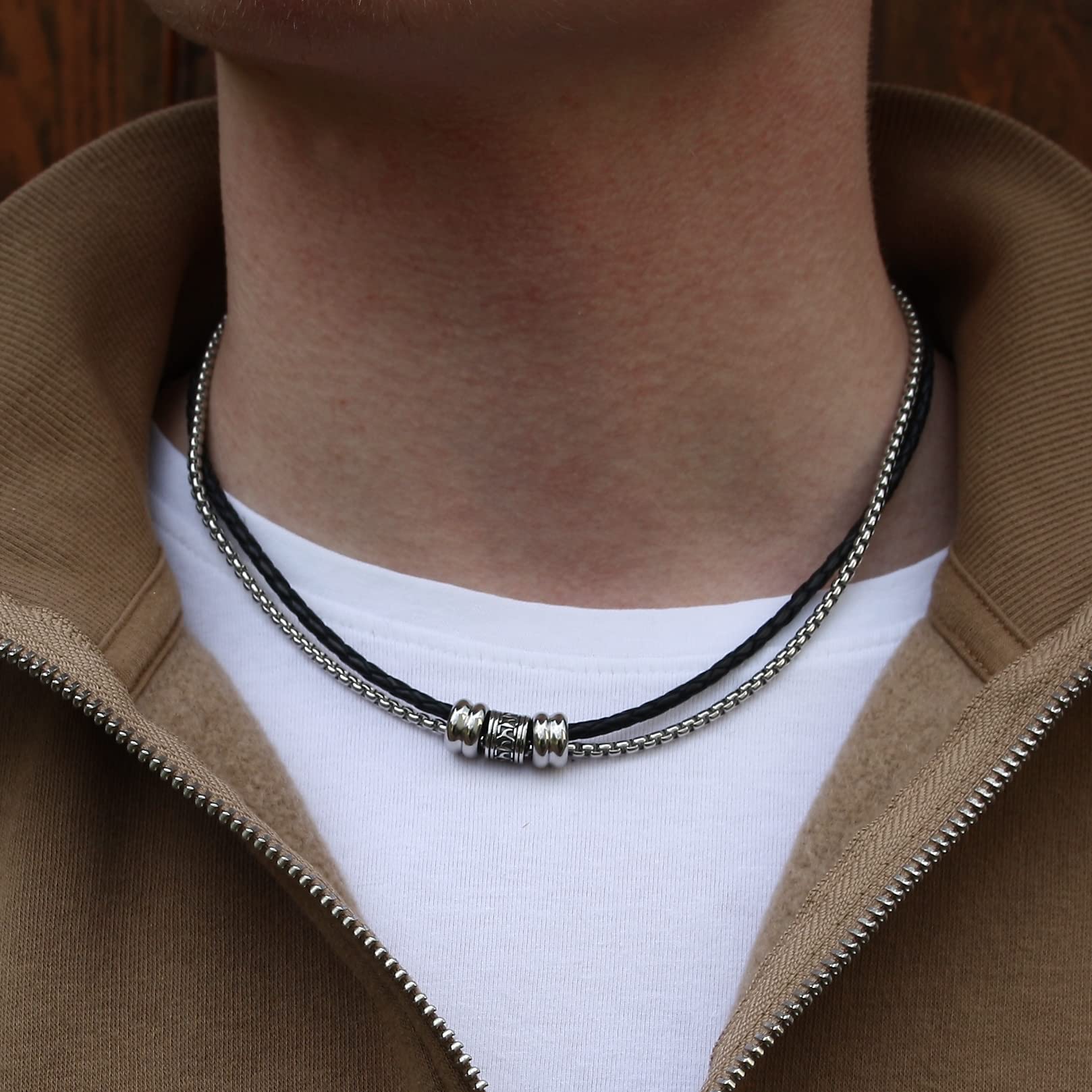 Halskette LES Leder Edelstahl F Schwarz Herren Damen