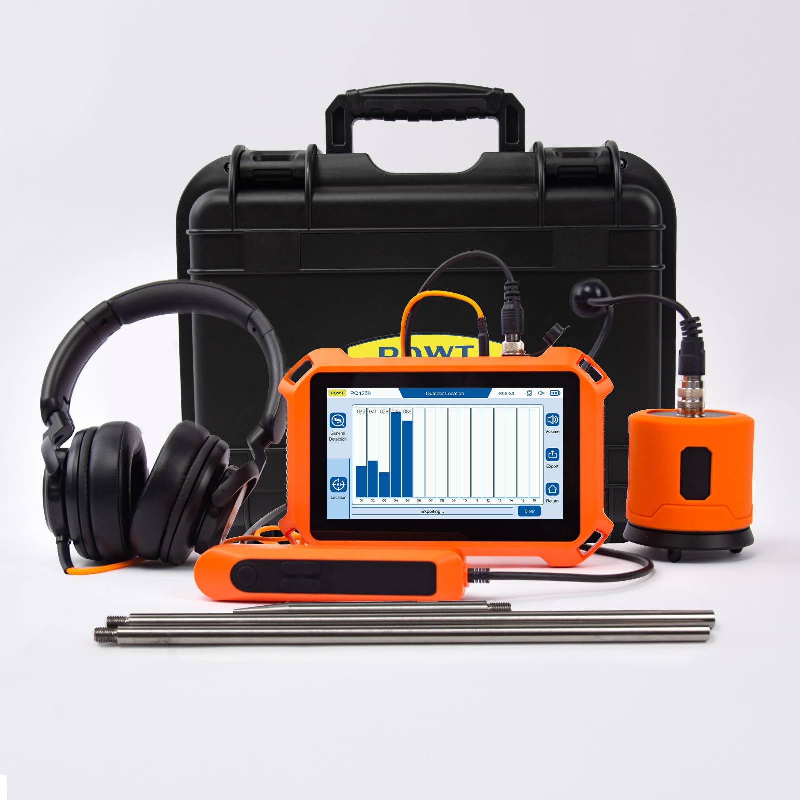 Detectores de fugas de agua subterráneos PQ125B para exteriores, detección de fugas de agua con pantalla táctil y sensor de funda de transporte, intensificador de sonido de tubería acústica