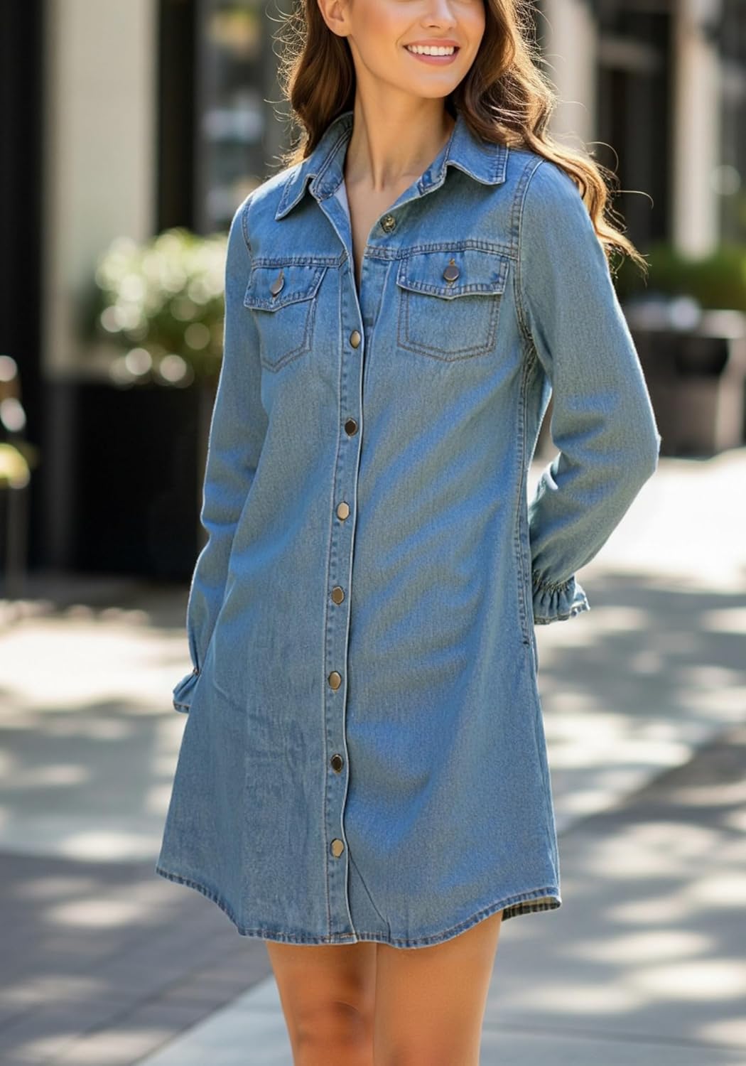 Unifizz Women's Denim Shirt Dress Button Down Collar V Neck Long Sleeve Cotton Blue Jean Dress - Image 2