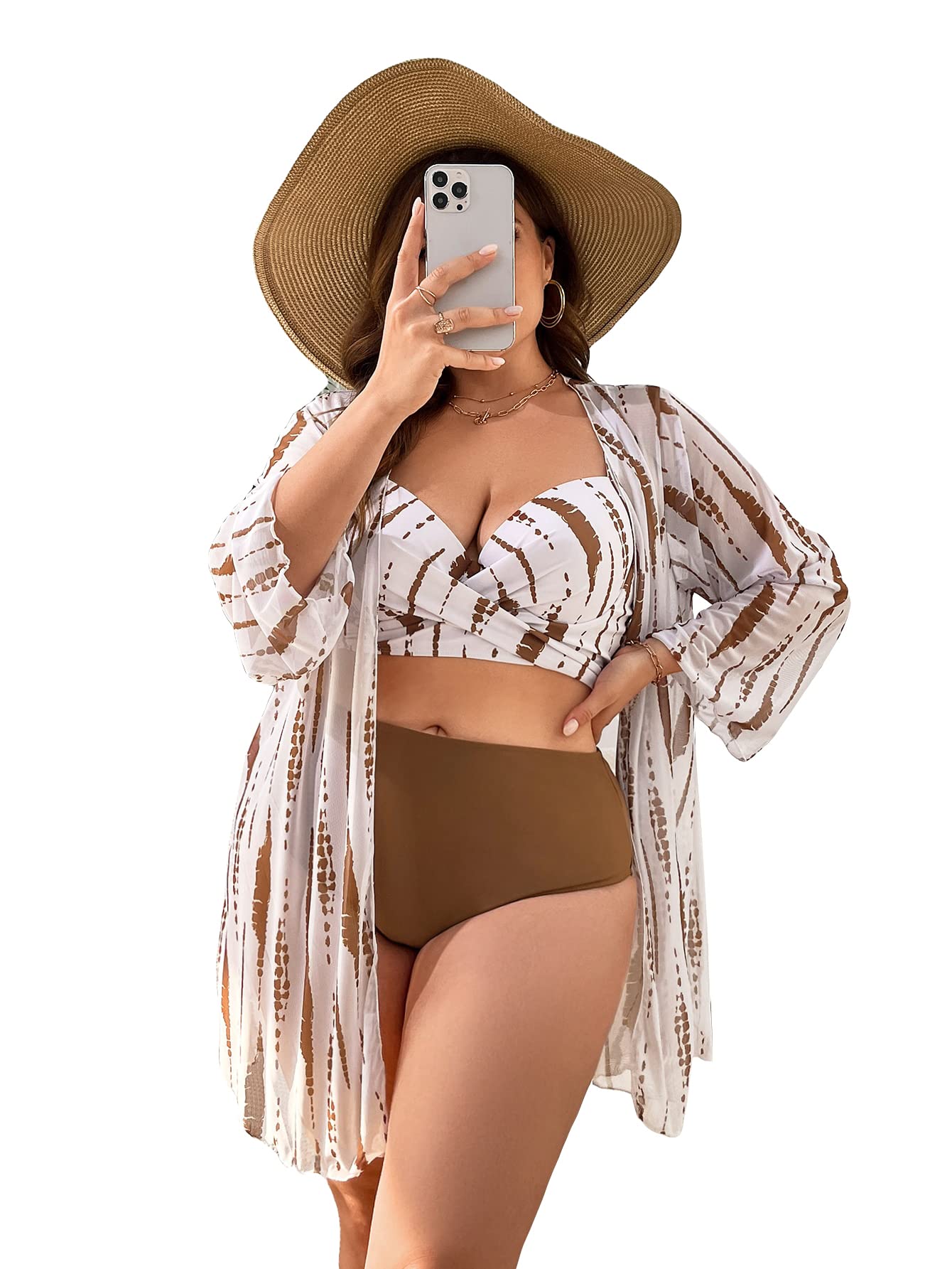 MakeMeChicWomen's Plus Size 3 Piece Bathing Suits Tie Dye Push Up High Waisted Bikini Swimsuit with Kimono Set