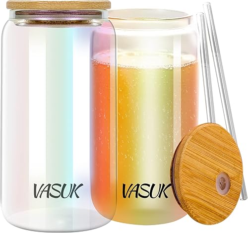 VASUK Juego de 2 vasos iridiscentes con tapas de bambú y pajilla vasos de cerveza de 16 onzas con tapa y pajilla vaso en forma de lata vasos de café