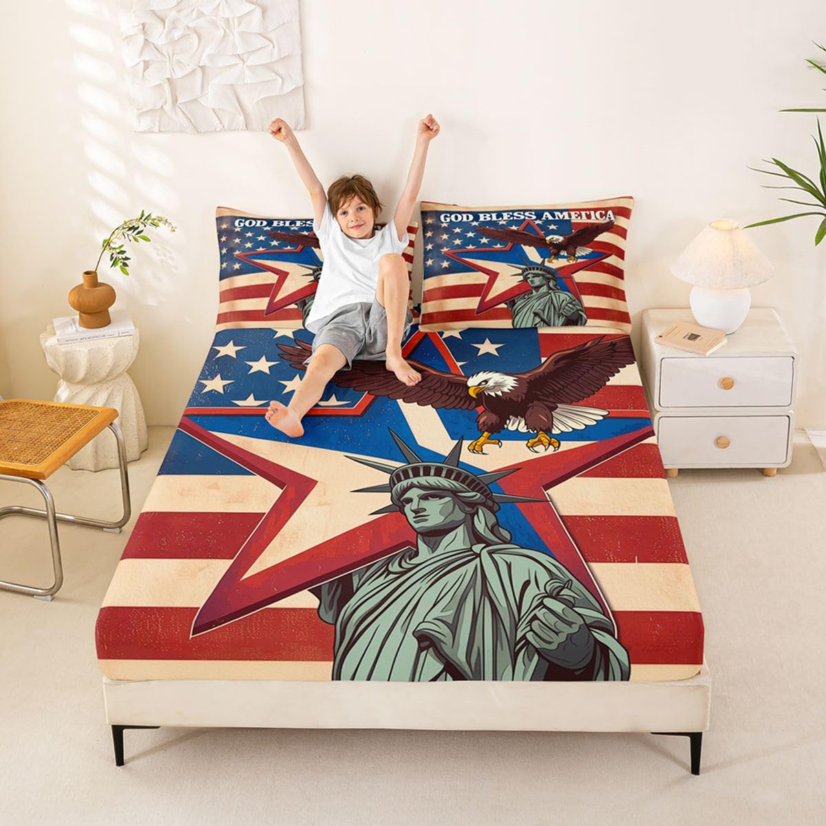 Sábana bajera ajustable de bandera estadounidense tamaño King (no plana), juego de ropa de cama de 3 piezas, decoración de habitación de niñas y niños, funda de cama de estilo vintage con bolsillo