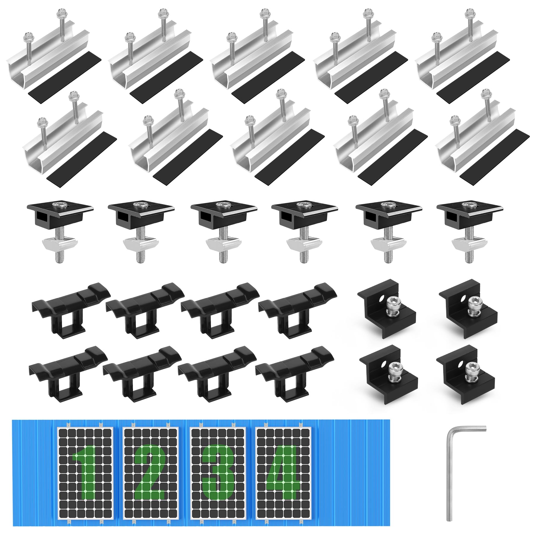 Kit de Montaje para Módulos Solares, Soporte Fotovoltaico para 4 Módulos, Riel Plateado de 12CM + Clips de Drenaje de Agua 30 mm + Abrazadera Ajustable para Módulos de 30-35MM de Grosor