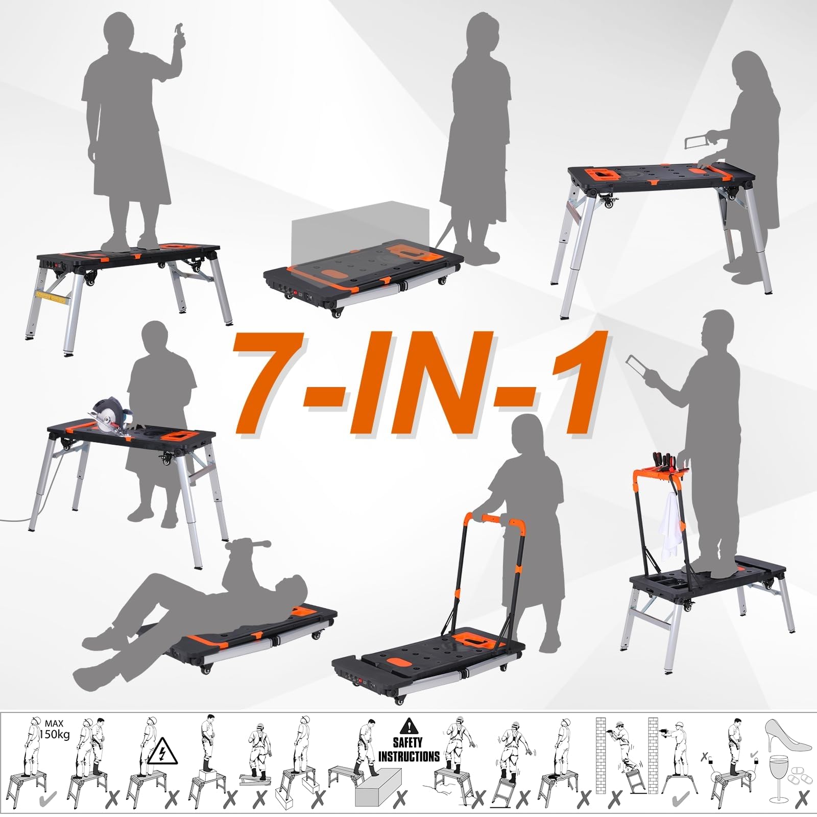 TLGREEN 7 in 1 Banco da Lavoro Pieghevole, Tavolo da Lavoro Portatile, Piattaforma di Lavoro Regolabile in Altezza, Carrello da Trasporto, Carrello a Mano con 4 pcs Rotella, per Domestico, DIY, Garage