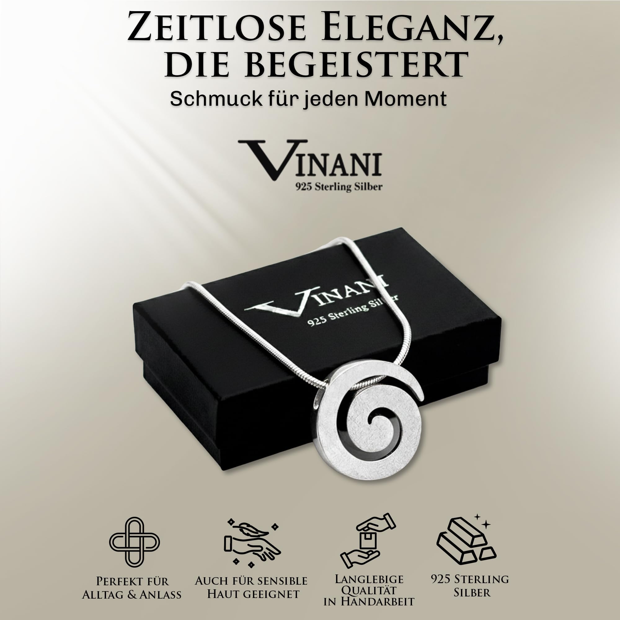 Vinani Spirale Anhänger gebürstet mit Schlangenkette aus 925 Silber ASR | Edler Spiralen-Anhänger aus 925 Sterling Silber, gebürstet, nickelfrei, anlaufgeschützt und mit Schlangenkette aus Italien.