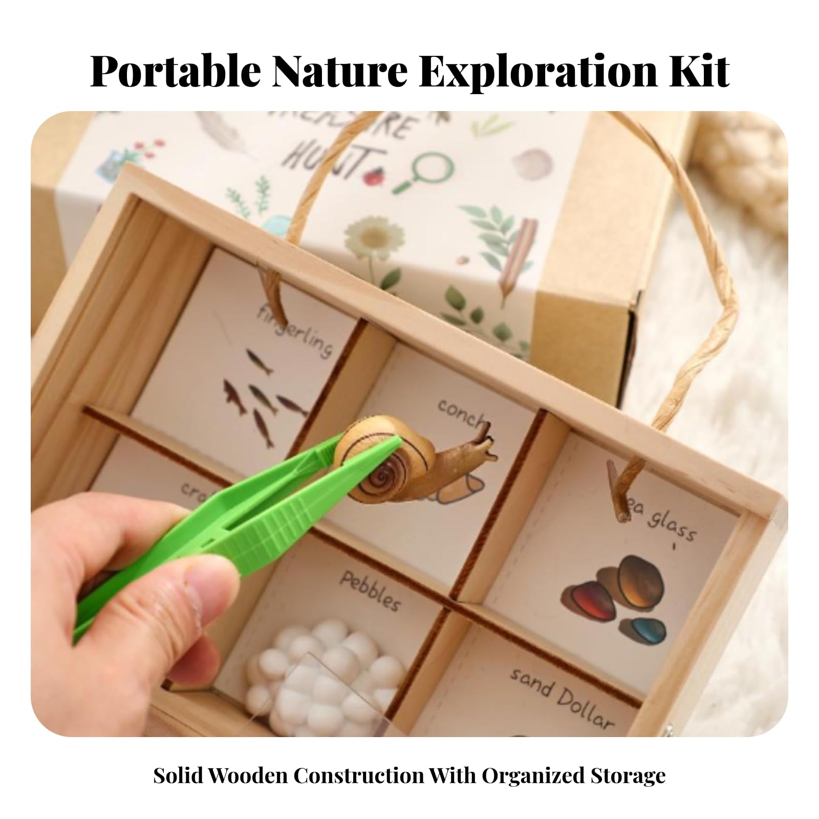 Kit di Esplorazione con Custodia in Legno Resistente Ideale Come Regalo per Apprendimento All'aperto, Passeggiate Natura, Gioco Immaginativo