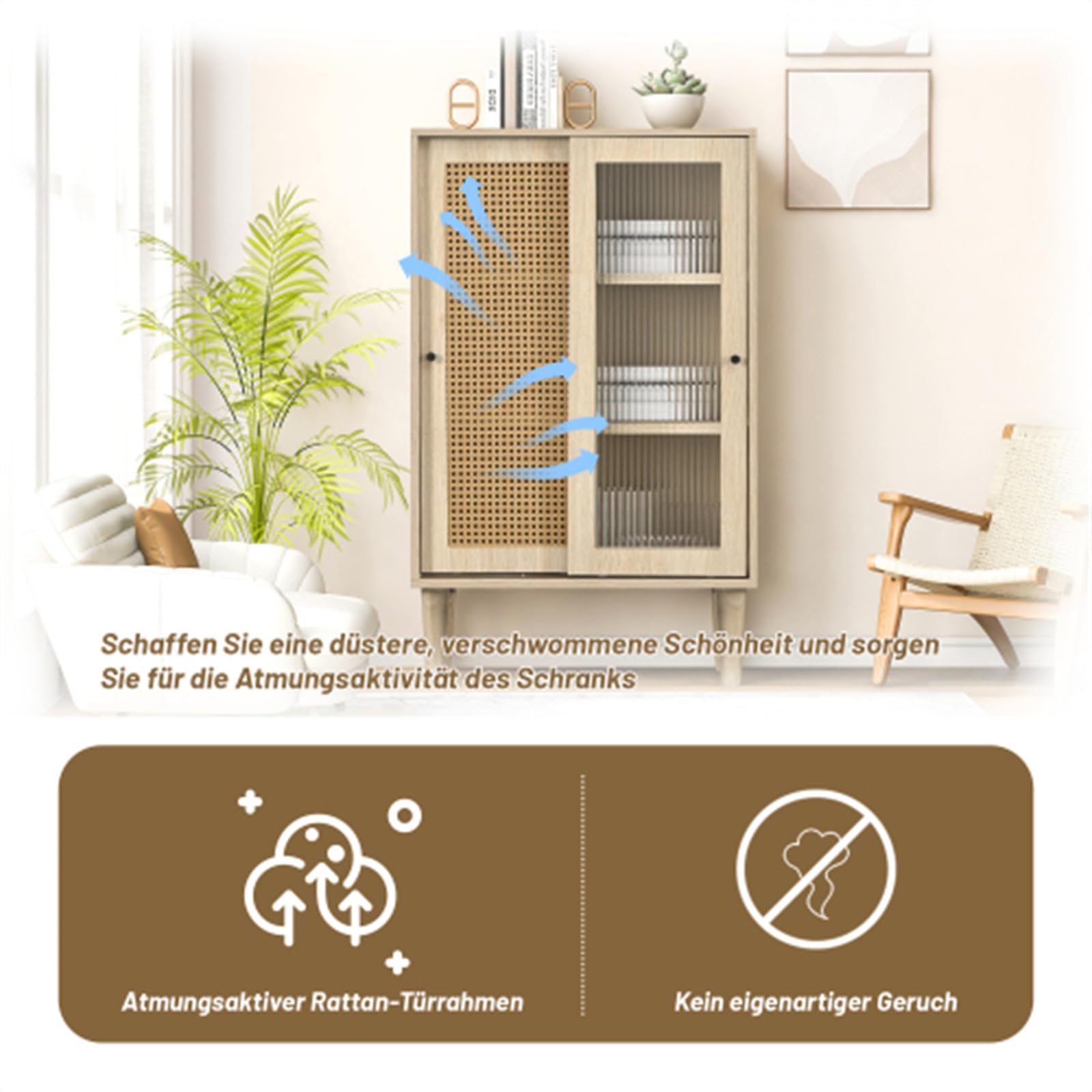 Credenza in Legno Alta 100 Cm con Anta in Rattan di Plastica E Anta Scorrevole in Vetro, Mobile da Ingresso con Spazio Multifunzionale per Riporre Oggetti