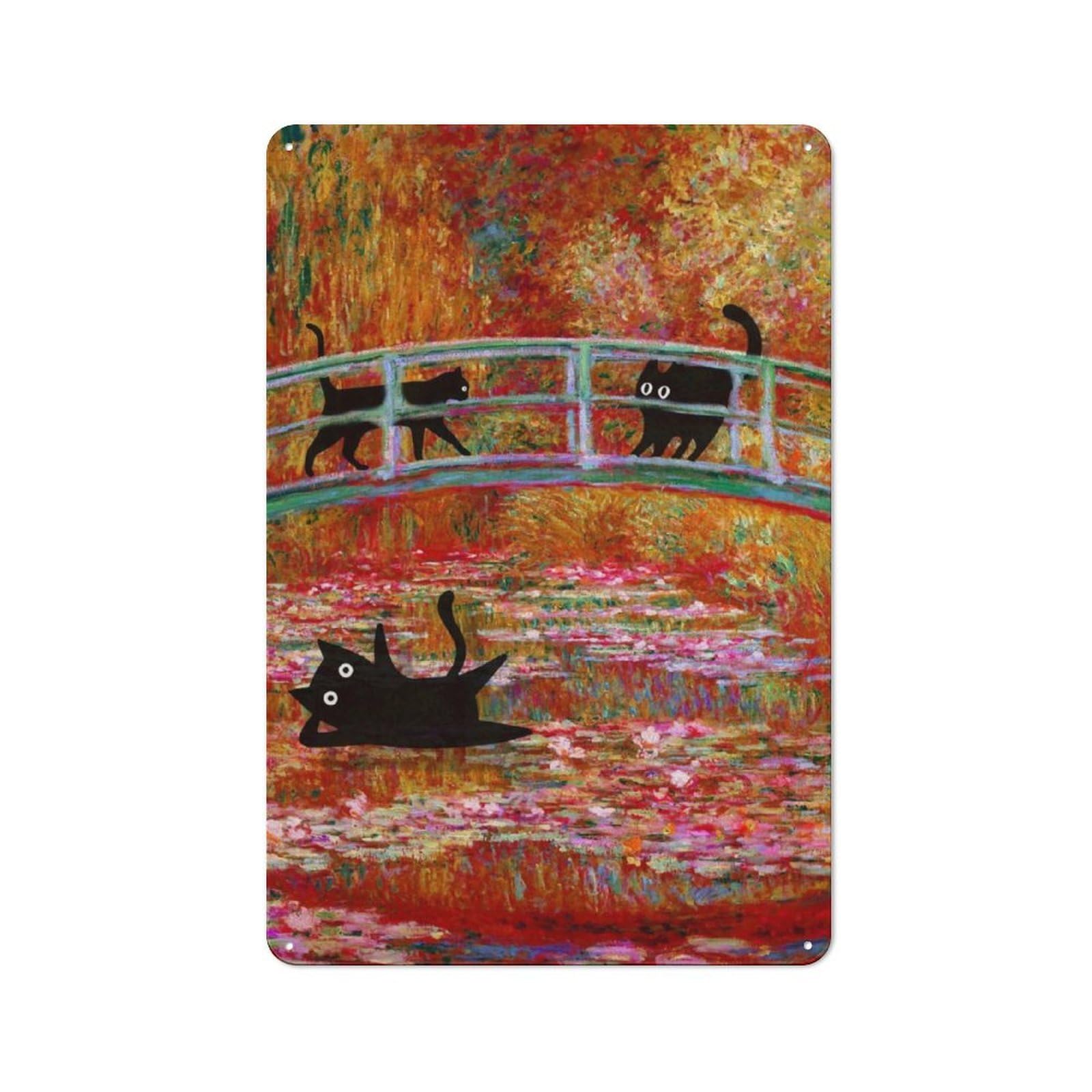 Junmoney Black Cat Monet Waterlily Vintage Tin Sign 30X20cm With For Dining Room Or Kitchen, For Dining Room Decor Fans