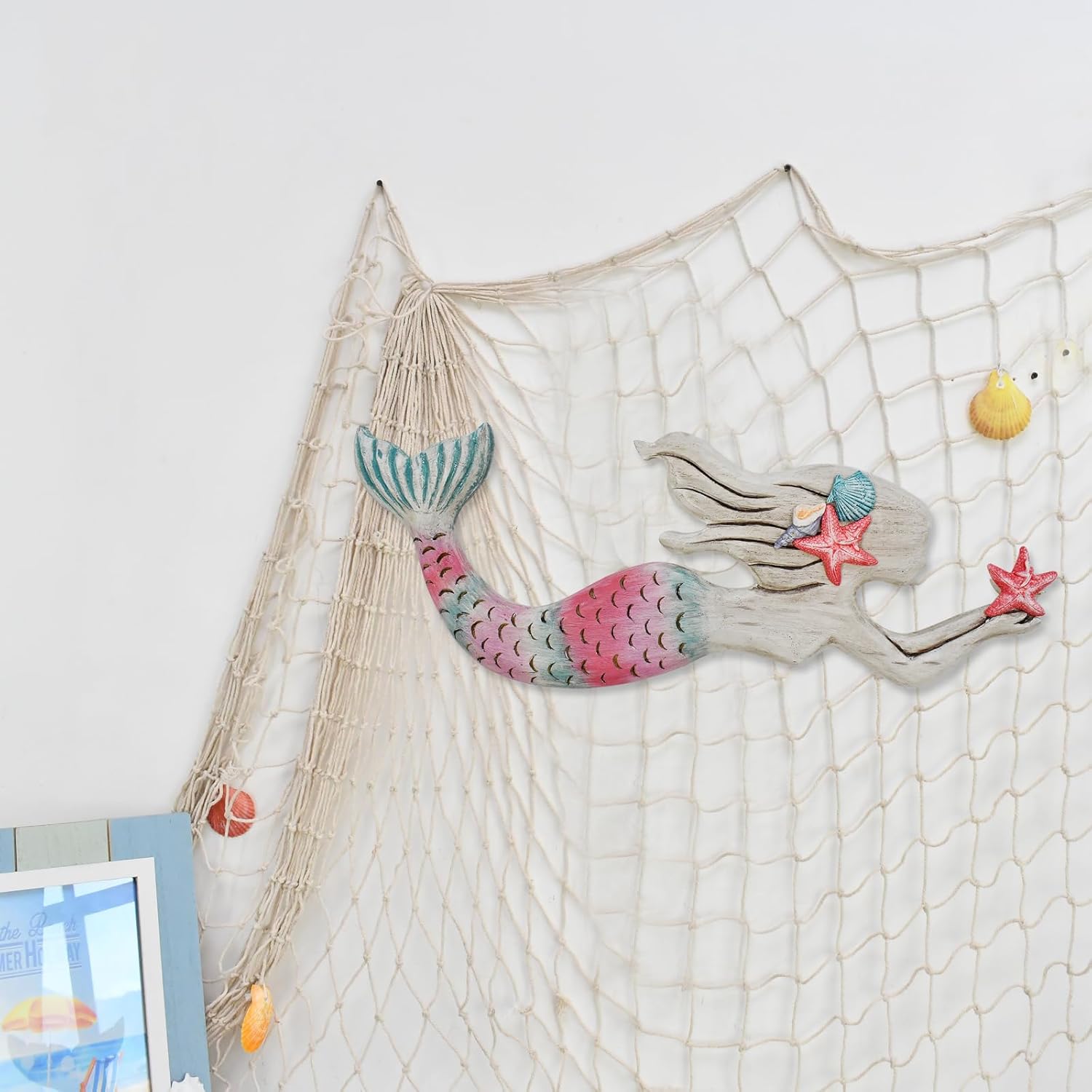 Linfevisi Wood Mermaid Decor Nautical Wall Art Hanging Sculpture Wall Statue Mermaid Wall Decor Plaque Beach House Coastal Ocean Sea Marine Themed Bathroom Swimming Pool Decorations 17X6.5 Inch Pink