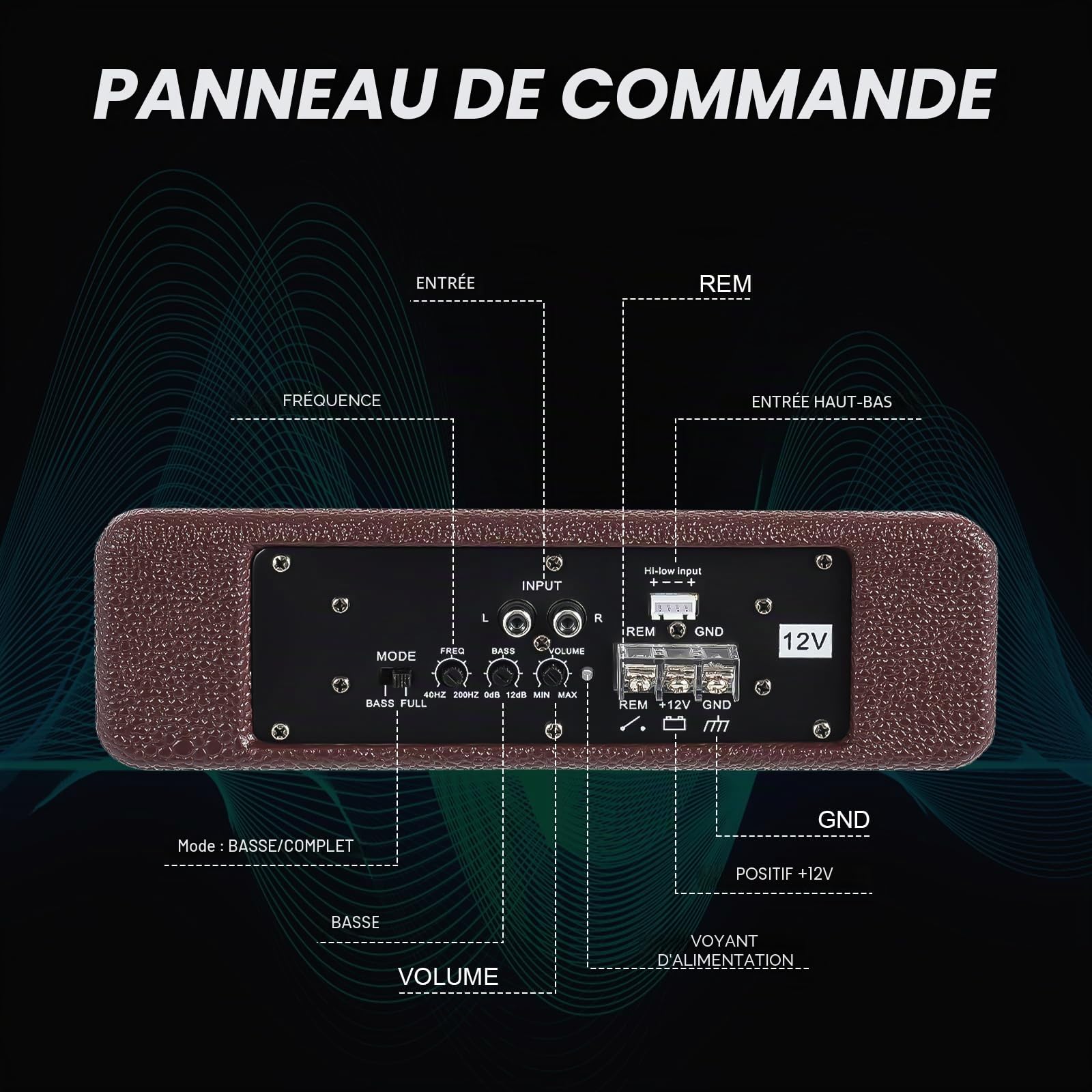 Caisson de basses actif pour voiture - 600 W - En bois et acier inoxydable robuste - Avec Bluetooth - Fréquence 40 Hz - 200 Hz - SNR 90 dB - Pour système audio d'autoradio