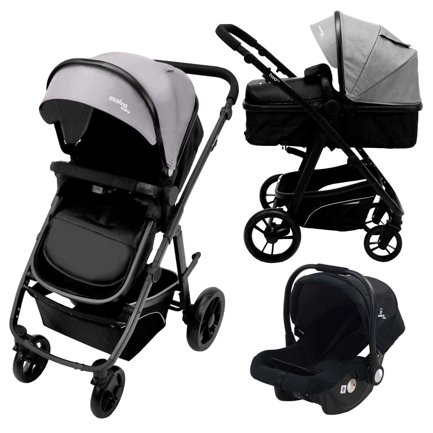 Asalvo TWO+ 2 Trío Convertible 3 en 1, Silla de Paseo, Carrito de bebé, Silla de Auto, Plegable, Compacto y Reclinable, Suspensión en las ruedas, Silla reversible, Amplio capazo, hasta 23 kg, Gris