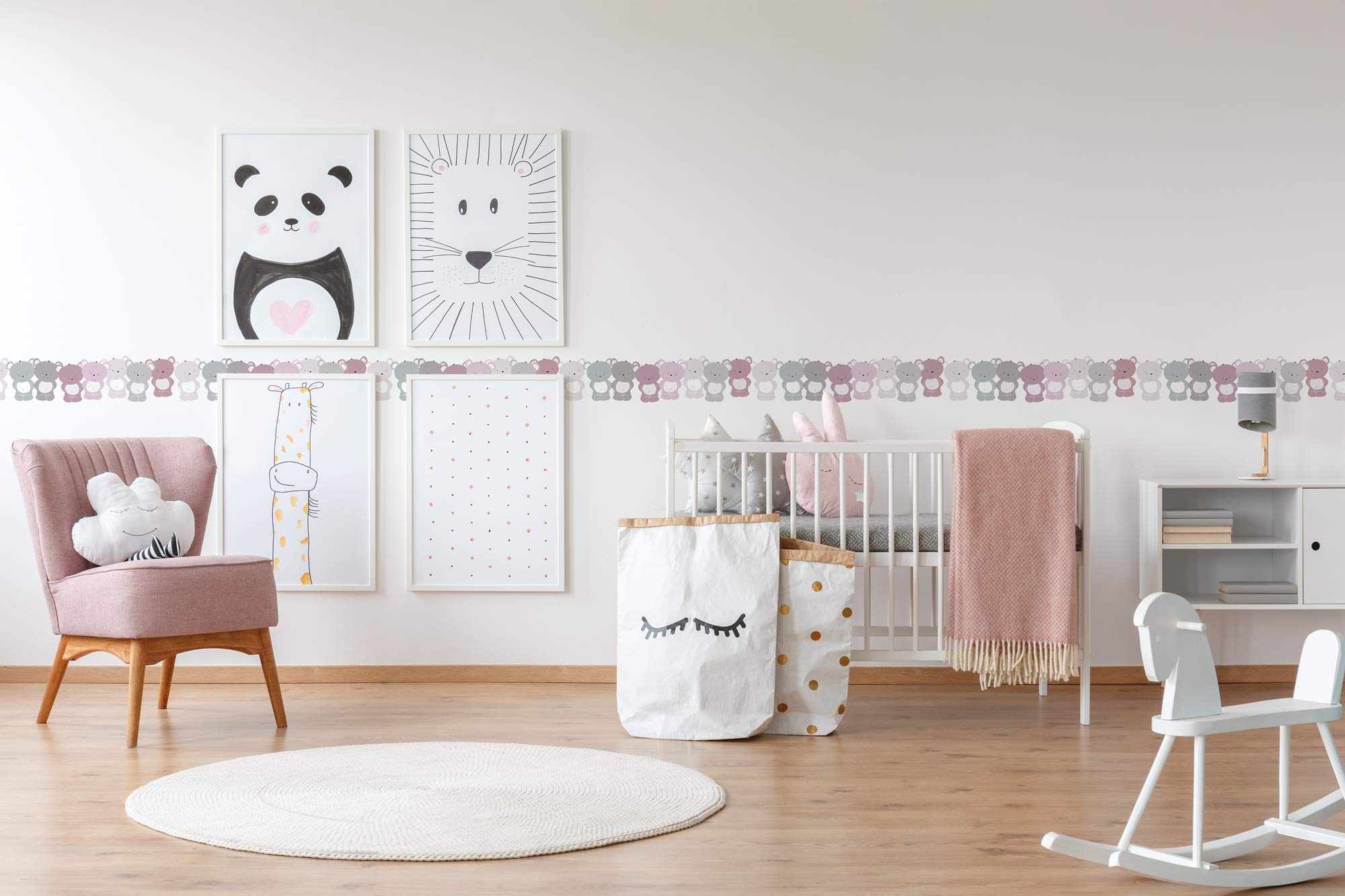 A.S. Création selbstklebende Bordüre - Papierbordüre mit kinderfreundlichen Motiven in Rosa, Grau und Weiß - auf 5,00 m x 0,15 m je Rolle