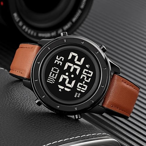Miniatura 4 de PASOY Reloj de cuero digital con esfera grande para hombre, simple pantalla grande, alarma de cuenta regresiva, cronómetro, retroiluminación LED,